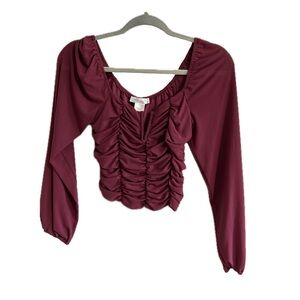 Burgundy wire supported V-neck corset longsleeve Blouse